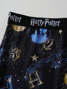 HARRY POTTER X SHEIN 女款字母印花彈性腰直筒休閒長褲 - 紫色 - 查看 5