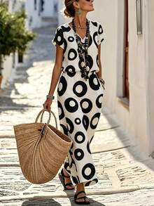 SHEIN Holidaya Women's Summer Vintage Sexy Jamaican Minimalist V-Neck Simple Print Short Sleeve T-Shirt + Elastic Waist Long Pants 2-Piece Set Black And White - Multicolor - View 4