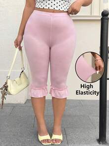 GalTyme Plus Size Women's Solid Color Ruffle Hem 3/4 Length Leggings Vacation Pink Summer - Pink - View 3