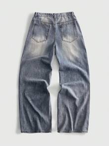 ROMWE MEN Men's Sparkling Diamond Cross Embroidery Pattern Loose Fit Jeans - Blue - View 3