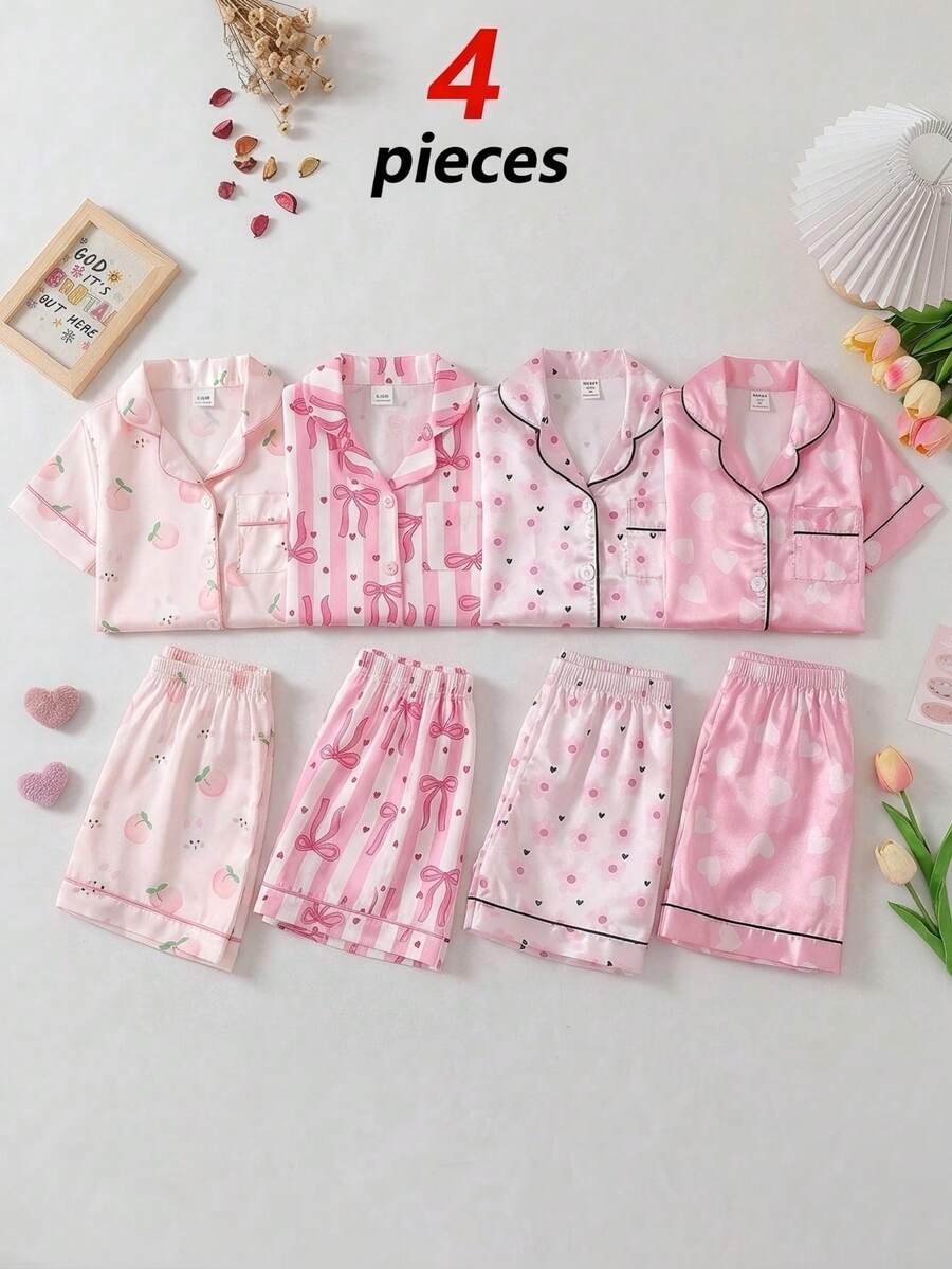 Floral Heart Pattern Baby Girl Pastel Color Button-Up Lapel Loungewear Pajama 4-Piece Set - Pink - View 1