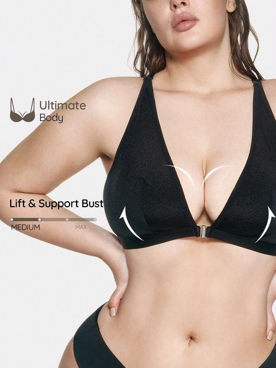 SHEIN 1 pieza Sujetador inalámbrico de copa triangular con cierre delantero para tallas grandes en color negro, que levanta y da soporte para busto grande - Negro - Ver 1