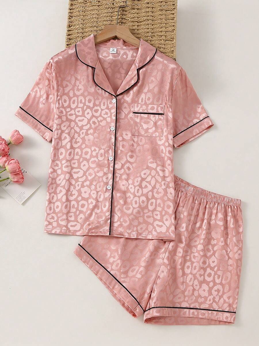 SHEIN 青少年女孩經典豹紋翻領短袖短褲舒適兩件式睡衣家居服套裝 - 彩色 - 查看 1