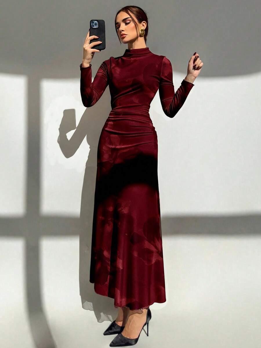 Aloruh 女士印花立领长袖褶裥连衣裙，优雅