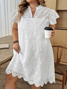 SHEIN CURVE+ Vestido asimétrico con volantes en las mangas para mujer de talla grande, vestido de invitada de boda de otoño, vestido casual de negocios, vestido de trabajo para mujer, vestido de negocios - Blanco - Ver 4