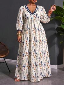 SHEIN CURVE+ Plus Size Women's Vacation Floral Print V-Neck Dress, Suitable For All Skin Tones Fall - Multicolor - View 5
