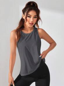 SHEIN Sports Plus Size Women's Solid Color Round Neck Casual Versatile Daily Gym Sports Outing Sports T-Shirt Grey Summer Gym Active - Dark Grey - View 4