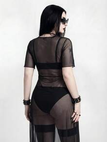 ROMWE Goth Plus Size Women Swimsuit Cover Up Mesh Tunic Dress, Long Sleeve Dress For Beach Vacation Club Rave Party, Pool, Halloween Summer Sexy Black - Black - View 2
