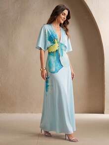 Anewsta Essential Novo Vestido Longo com Cintura Marcada, Decote em V, Sem Mangas e Estampado, Verão - Azul - Visão 5