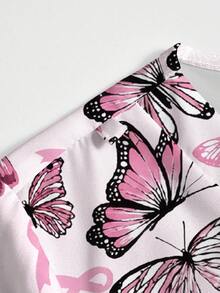 PopScrub Ribbon And Butterfly Cartoon Pattern Pink Women's Nurse Uniform Top, Spring/Summer Fashion V-Neck Short Sleeve Double Pocket Design Side Slit Work - Multicolor - View 4
