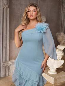 Aureia Plus Size Elegant Romantic Dusty Blue One Shoulder Asymmetric Neckline 3D Floral Fitted Bodycon Ruched Flared Ruffle Hem Dress Formal Wedding Guest - Blue - View 6