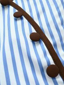 SHEIN Clasi 大尺碼女款夏季休閒撞色條紋V領收腰背心上衣與舒適直筒條紋長褲套裝 - 藍白色 - 查看 3