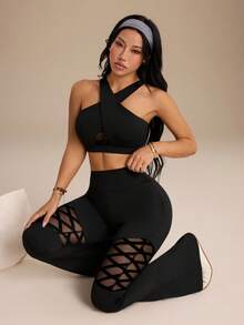 Dewbera Dewbera 女款運動瑜珈戶外健身緊身褲 菱格網格拼接設計 - 黑色 - 查看 8