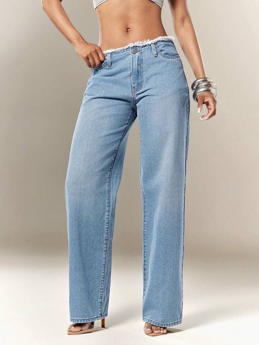 Denimoi Celana Jeans Denim Low Rise Raw Edge Straight Leg, Jeans Low Rise, Jeans Denim Low Rise, Busana Modis Y2K, Jeans Seksi, Bawahan Seksi, Gaya Musim Panas, Busana Musim Panas untuk Wanita, Busana Konser - Medium Wash - View 1