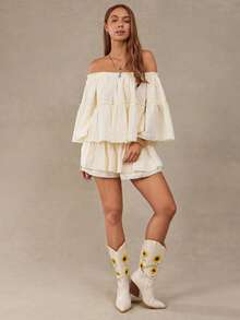 WESTFADE 100% Cotton Gauze Convertible Off Shoulder Tiered Ruffle Top & Smocked Waist Tiered Raw Edge Flowy Skort Women Two Pieces Matching Sets, Country Style - Apricot - View 3