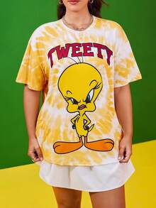 LOONEY TUNES X SHEIN Plus Size Tie-Dye & Cartoon Graphic Round Neck Short Sleeve T-Shirt - Yellow - View 6