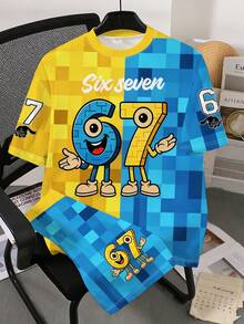 Tween Boy Cartoon Digital Print Short Sleeve Crew Neck T-Shirt And Plaid Shorts Set, Casual Outing School - Multicolor - View 7