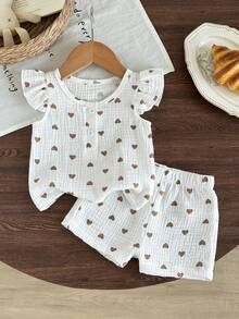 SHEIN Playful Pals 女嬰休閒簡約風愛心印花與圓點印花短褲背心套裝 - 白色 - 查看 3