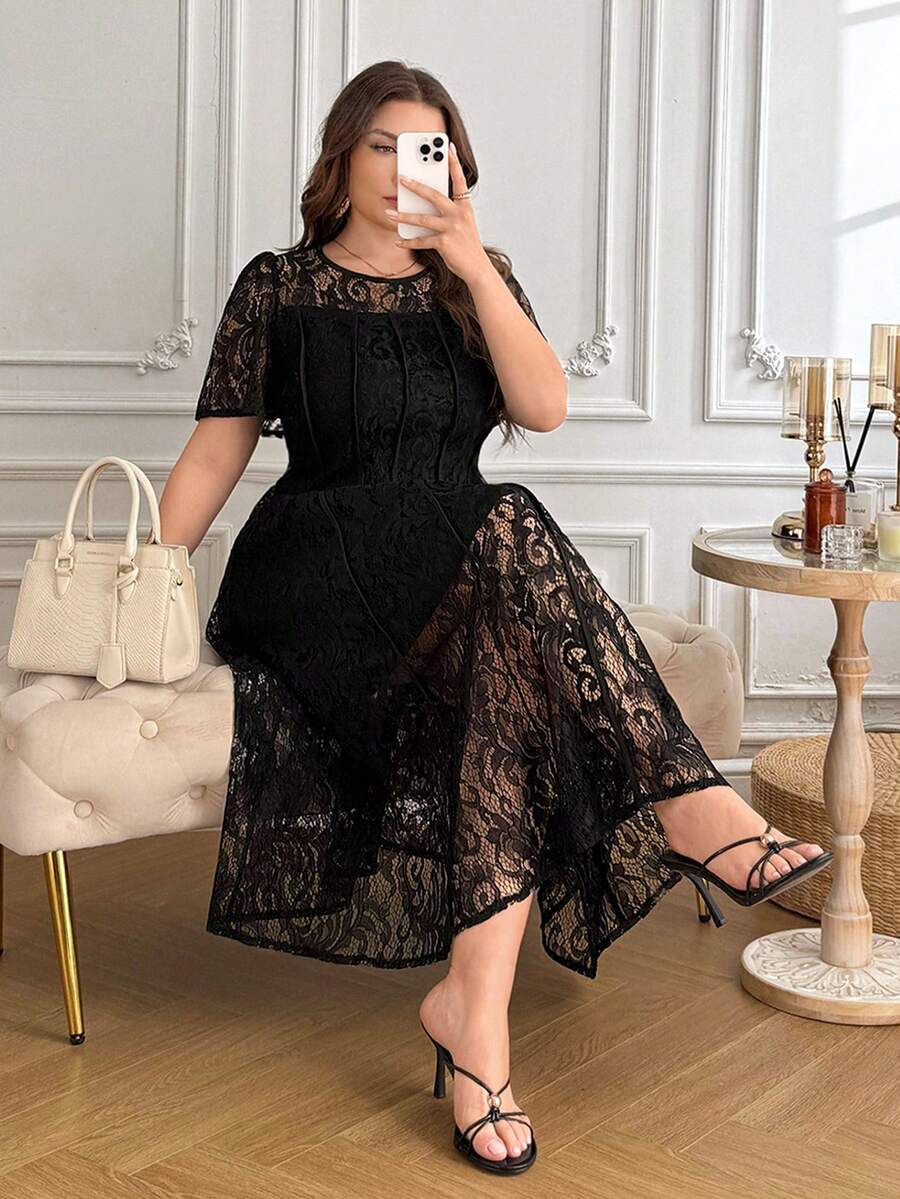 Modelyn Black Lace Short Sleeve Urban Sexy Elegant French Romantic Fitted Bodycon Plus Size Women's Dress