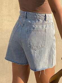 Livesso Embroidered Frayed Hem Women's Denim Shorts - Blue - View 2
