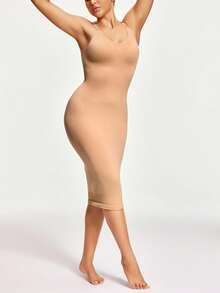SHAPORA Vestido ceñido de unicolor con cuello redondo y sin mangas para dar forma al Body de mujer - Beis - Ver 3