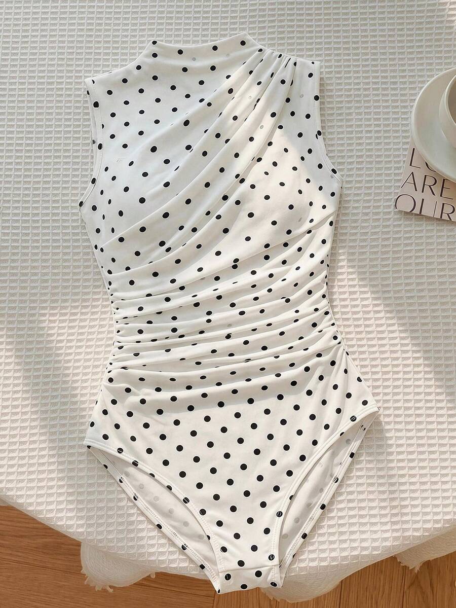SHEIN Body & Mono para niñas preadolescentes, mono ajustado de punto blanco con estampado de lunares y cintura fruncida - Blanco - Ver 1