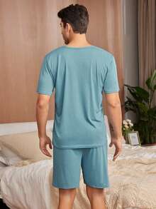 SHEIN 男士簡約心形短袖T恤與短褲休閒睡衣套裝 - 藍色 - 查看 3