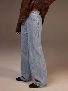 Athîral Denim 女款鉚釘設計口袋直筒寬鬆休閒牛仔長褲 - 藍色 - 查看 4