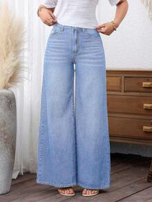 EMERY ROSE Plus Size Cowgirl Women's Spring Blue Non-Stretch Loose Wide Leg Jeans , Spring For Women - Light Wash - View 3