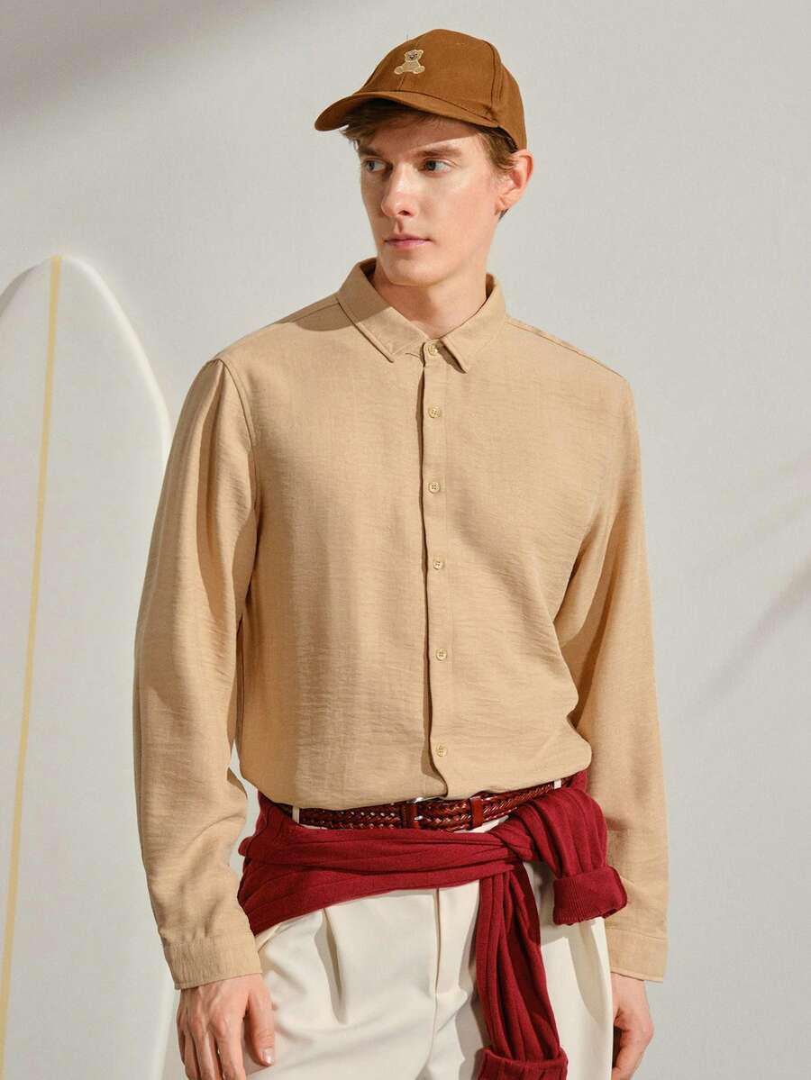 VeloEdit Kemeja Pria Tombol Depan Plain Casual - Khaki - View 1