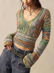 Bohemela Women's V-Neck Long Sleeve Colorblock Fashion Knit Top - Multicolor - View 1