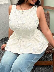 Easura Plus Size Boat Neck Cinched Waist Sleeveless Jacquard Blouse - Apricot - View 6