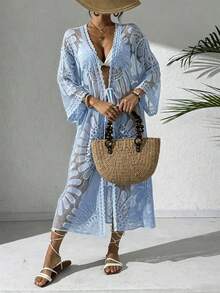 Swim Vcay 女款度假刺繡網紗前綁帶和服式罩衫 - 霧霾藍 - 查看 7