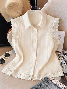 GlowEve Women's Hollow Embroidery Single-Breasted Casual Sleeveless Shirt - Apricot - View 1