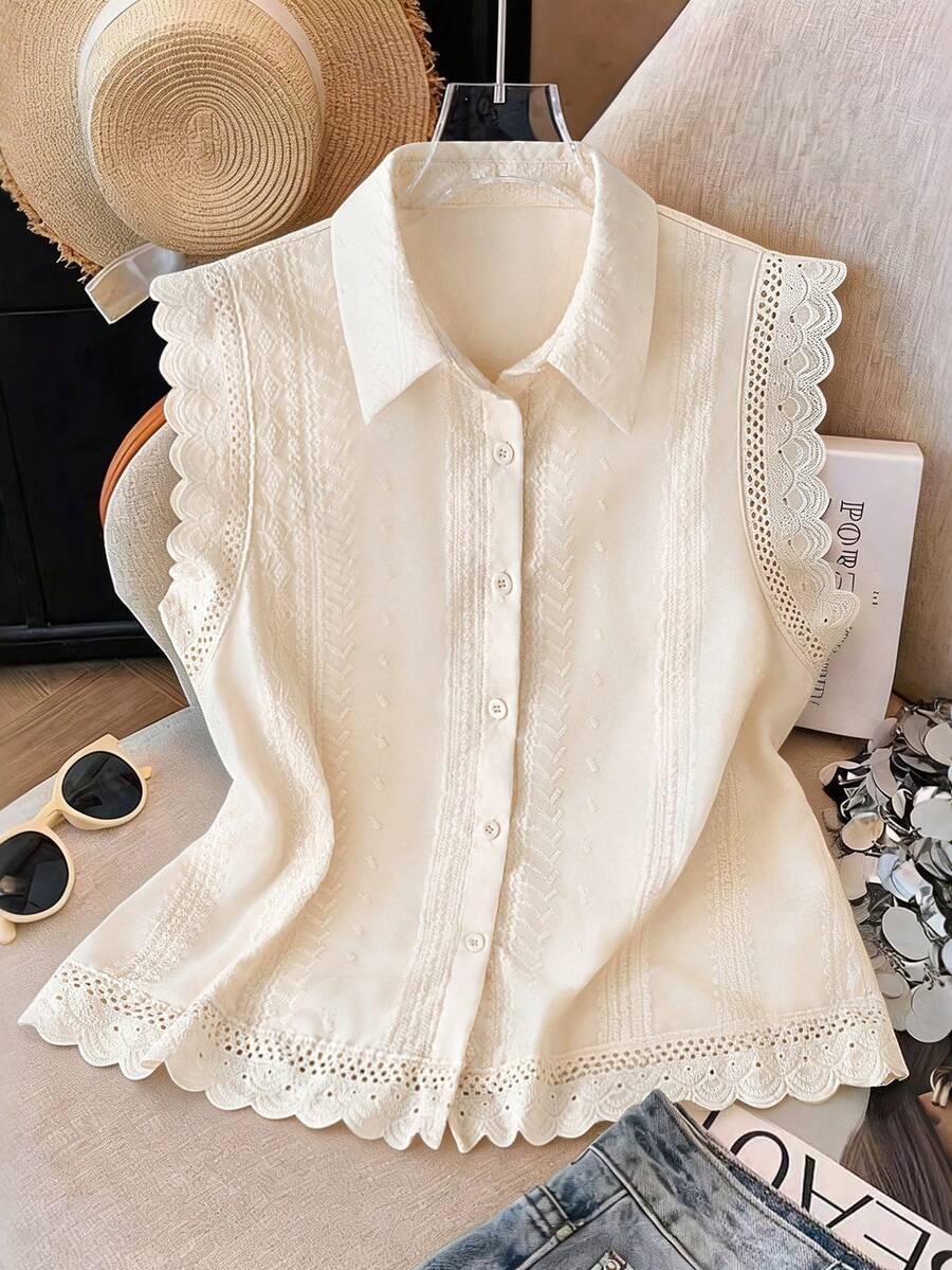 GlowEve Women's Hollow Embroidery Single-Breasted Casual Sleeveless Shirt - Apricot - View 1