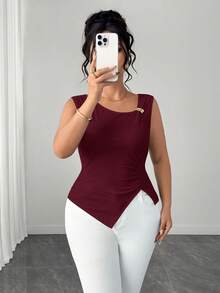 Elenzga Plus Size Women's Minimalist Elegant Sleeveless Tank Top With Split Hem - Burgundy - View 4