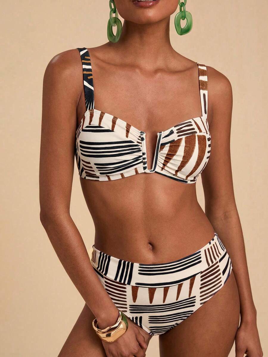 Travachic Women's Summer Beach Striped Ruched Sexy Bikini Set - Multicolor - View 1
