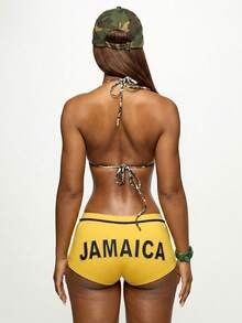 SUMWON WOMEN Jamaica Flag Print Drawstring Booty Summer Festival Shorts With Caribbean Island Theme - Yellow - View 2