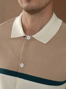 Core Aspect Men's Contrast Color Short Sleeve Single Breasted Casual Knit Cardigan - Khaki - View 5
