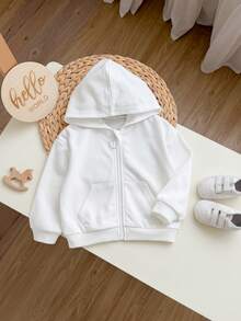 Baby Girl Zipper Front Solid Color Long Sleeve Pocket Hooded Sweatshirt - White - View 6