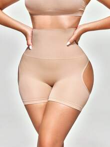 SHAPORA Pantalones cortos moldeadores de unicolor de cintura alta acanalados para mujer - Albaricoque - Ver 2