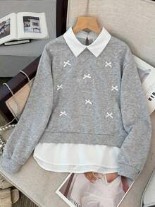 SHEIN 青少年女孩襯衫領拼接拼接裝飾蝴蝶結套頭長袖鬆緊衛衣 秋冬款 - 灰色 - 查看 6