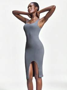 SHAPORA Women's Solid Color Sleeveless Slit Seamless Bodycon Dress - Dark Grey - View 3