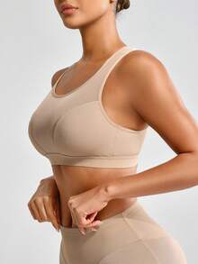 SHAPORA Top moldeador de malla transparente con contraste para mujer - Caqui - Ver 7
