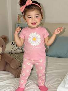 SHEIN Baby Girls Daisy Pattern Loungewear Casual Outing Two Pieces Set: T-Shirt And Pants Pajamas, Perfect For Summer, Snug Fit 9 Sets, Get 1 Set Random - Pink - View 4