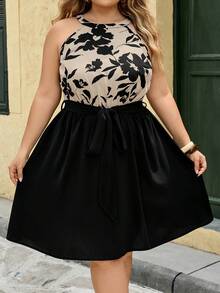 SHEIN CURVE+ 大码波西米亚风休闲度假风印花拼接黑色收腰A字连衣裙,夏季款 - 彩色 - 查看 5