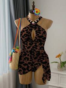 Slaydiva Conjunto de 2 piezas de traje de baño de una pieza con cuello halter colorido y falda de cobertura para mujer talla grande, para vacaciones en la playa - Café integral - Ver 8