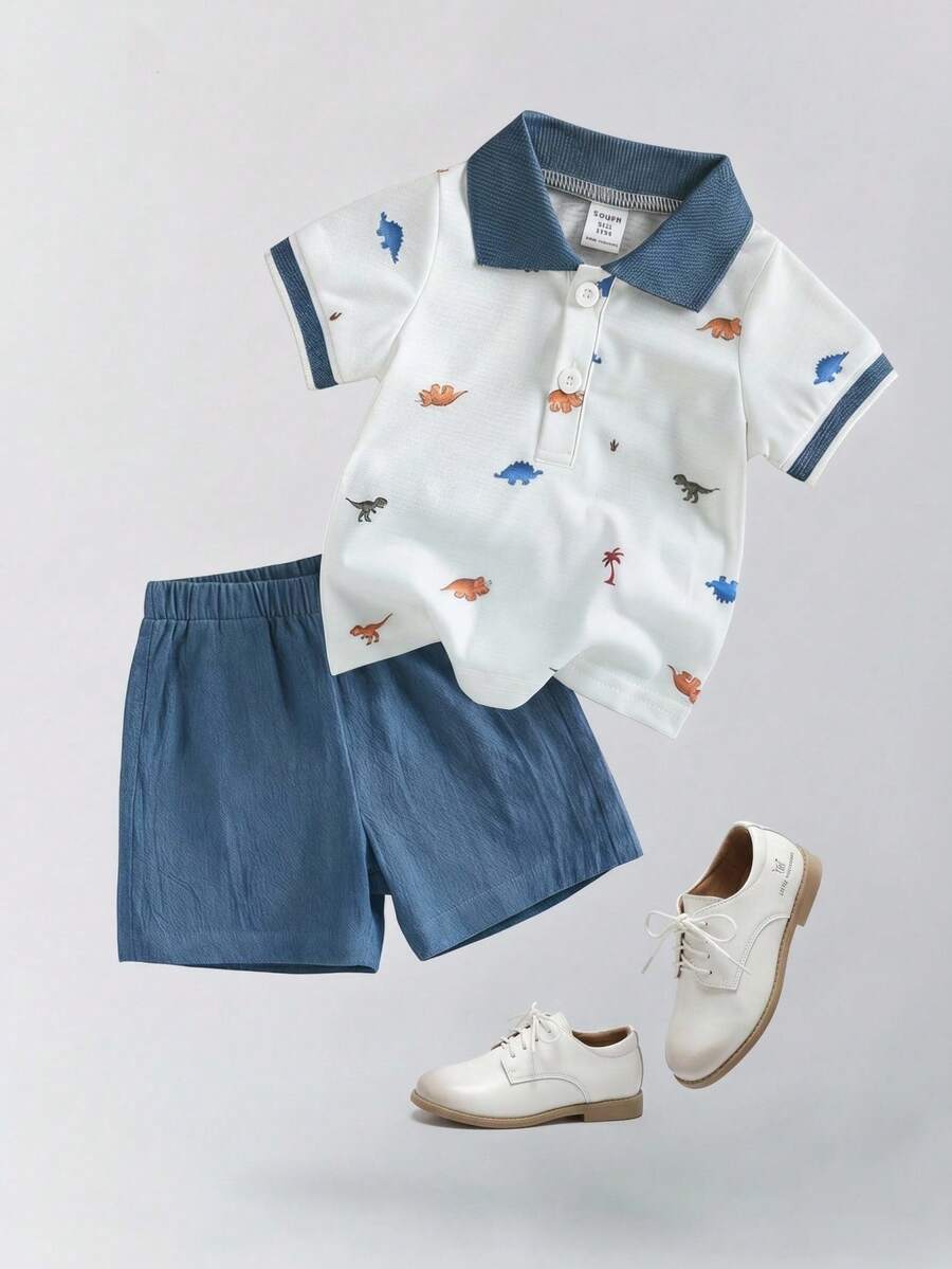 SHEIN 夏季新生男嬰2件套，時尚休閒套裝，包含棕櫚樹與船隻印花POLO衫及彈性腰圍短褲，舒適面料，適合新生兒至1歲，適合日常穿著與戶外活動 - 藍白色 - 查看 1