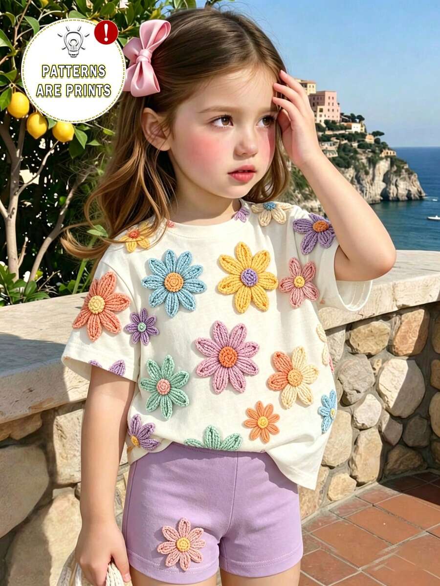 Summer Baby Girl Casual Multi-Piece Set, Brown & Apricot Leopard Print Cartoon Rabbit Pattern, Round Neck Short Sleeve T-Shirt & Shorts - Multicolor - View 1