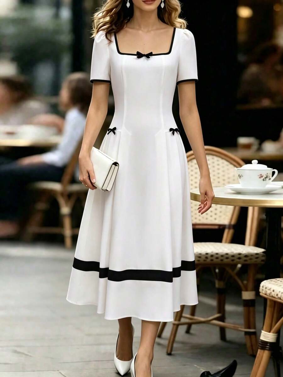 SHEIN 女士蝴蝶结装饰短袖优雅长裙 - 彩色 - 查看 1